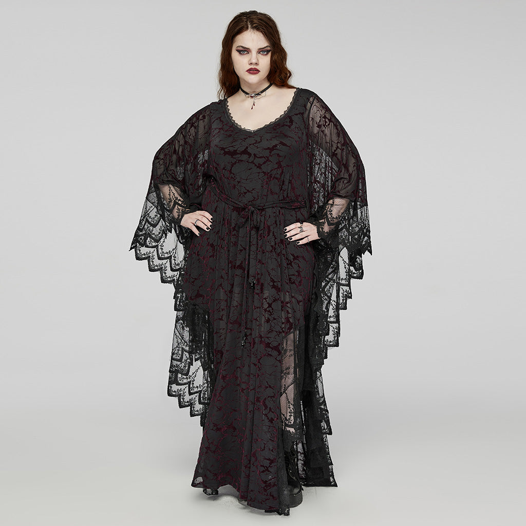 Punk Rave Plus Size Sabrina Black and Burgundy Bat Silhouette Dress - Kate's Clothing