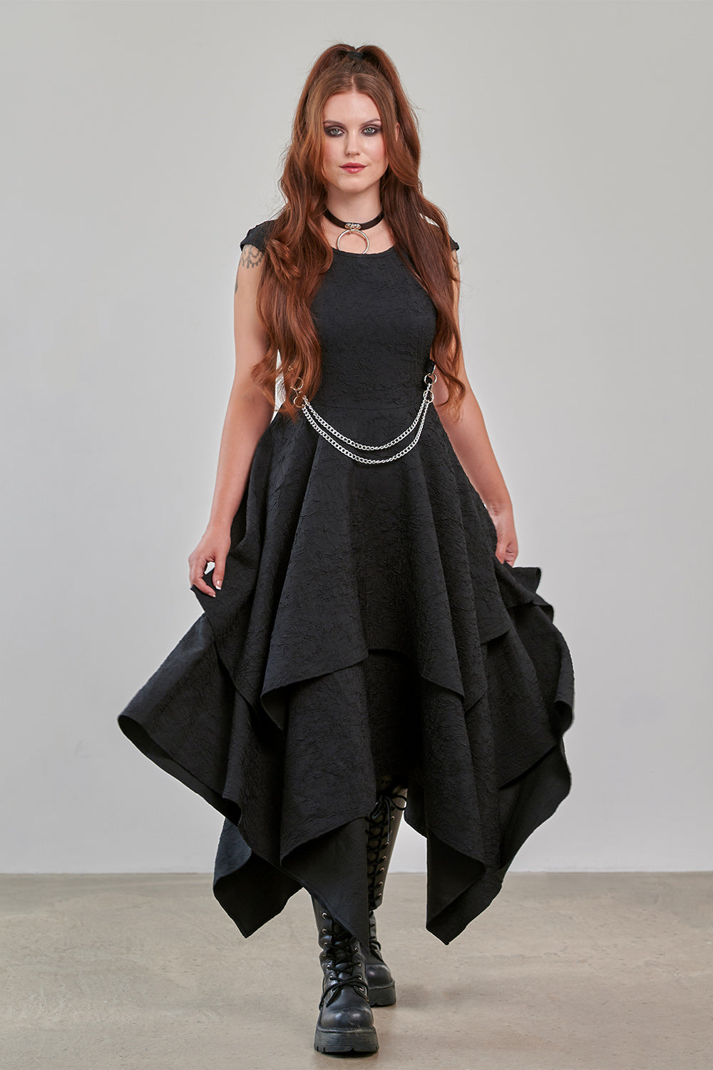 Banned Apparel Hexed Isadora Dress front view gothic asymmetric hem dress