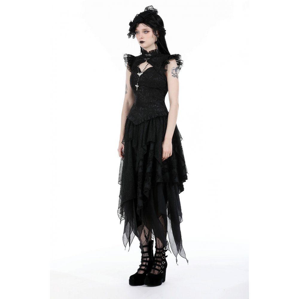 Dark In Love Lilita Gothic Black Brocade top styled with midi skirt