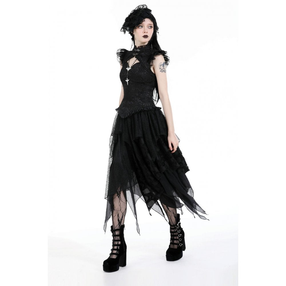 Dark In Love Lilita Top side view styled with gothic midi skirt- Kate's Clothing