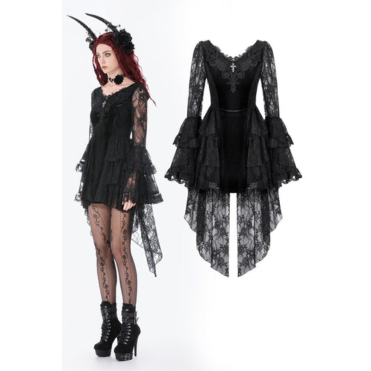Dark in Love Gothic-style black dress with lace details worn by a model on a white background