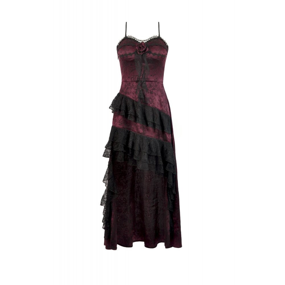 Dark in Love Belladonna Burgundy Brocade and Lace Prom Dress on a white background