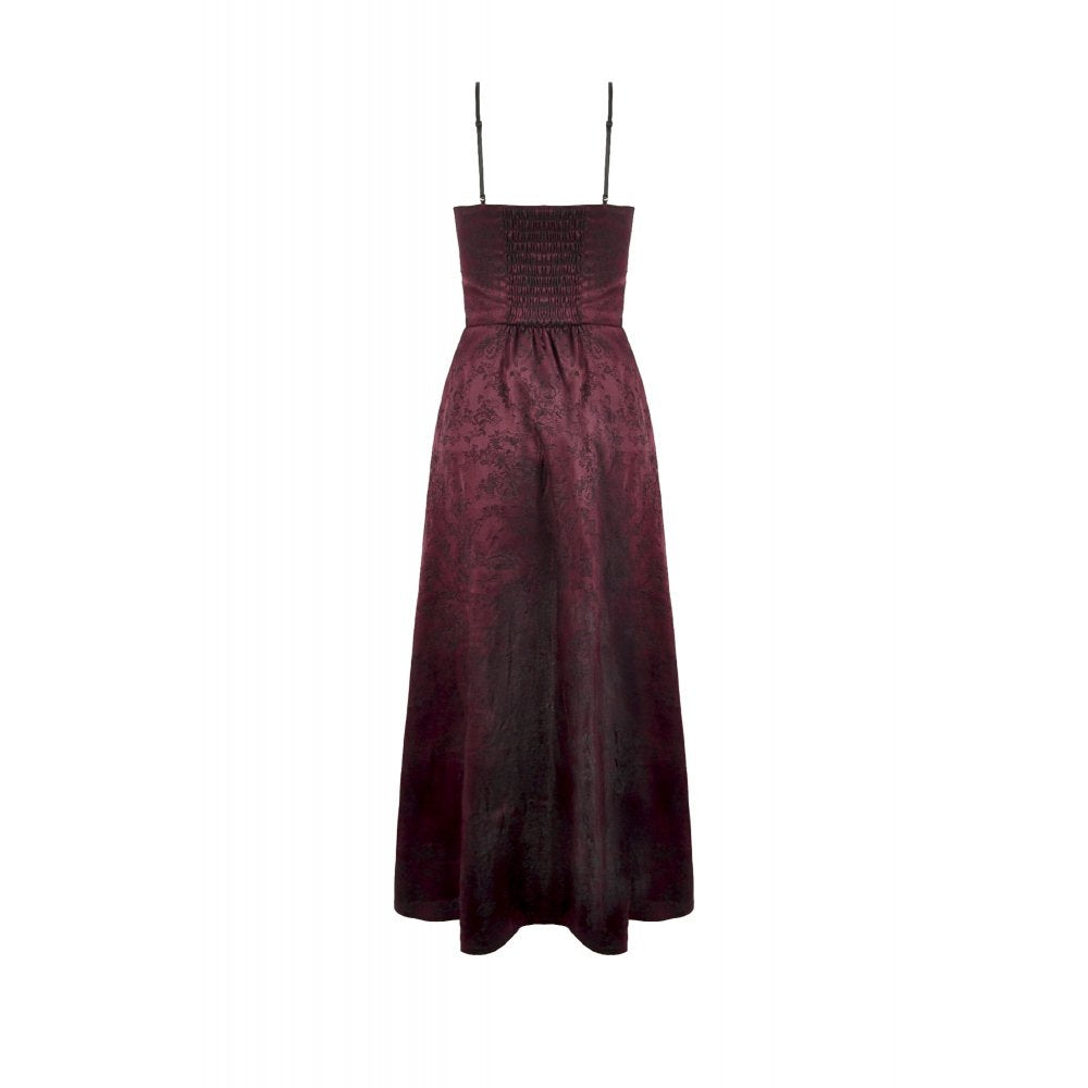 Dark in Love Belladonna Burgundy Brocade and Lace Prom Dress back view on a white background