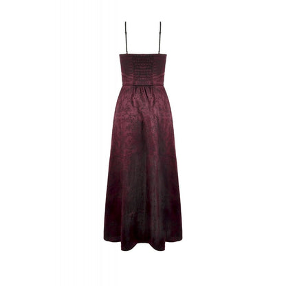 Dark in Love Belladonna Burgundy Brocade and Lace Prom Dress back view on a white background