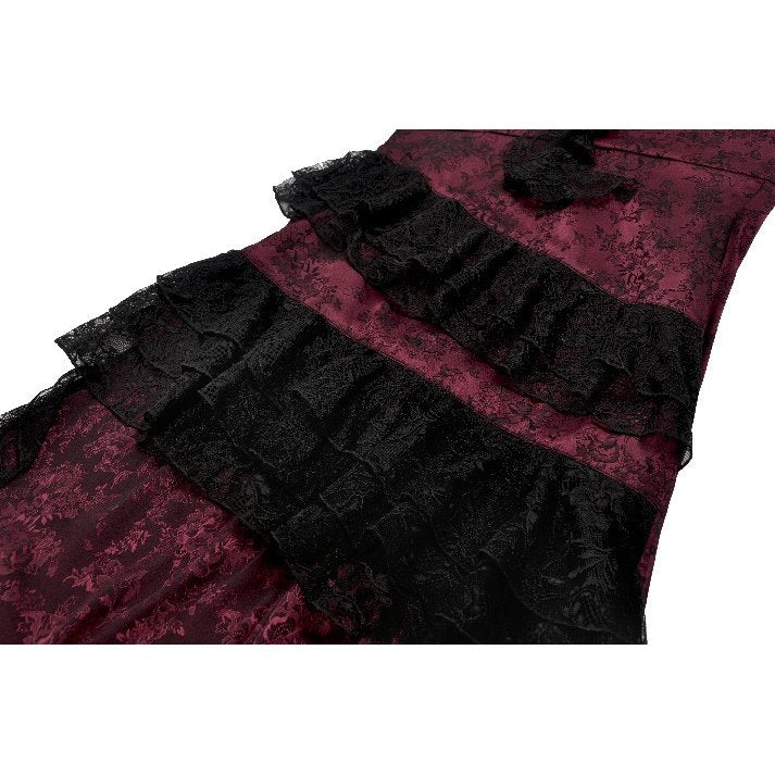 Dark in Love Belladonna Burgundy Brocade and Lace Prom Dress closeup of the black lace ruffles
