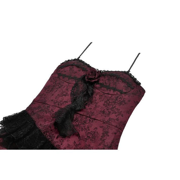 Dark in Love Belladonna Burgundy Brocade and Lace Prom Dress closeup of the rose feature