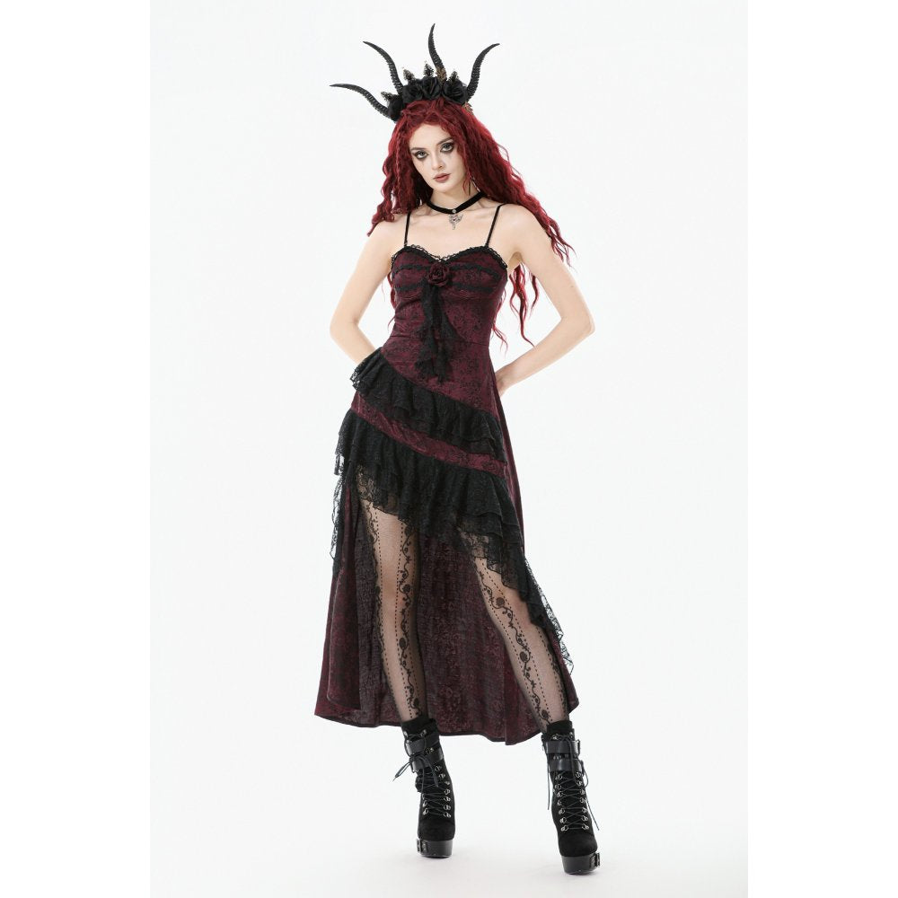 Dark in Love Belladonna Burgundy Brocade Prom Dress with lace ruffles