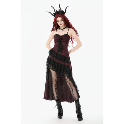 Dark in Love Belladonna Burgundy Brocade Prom Dress with lace ruffles