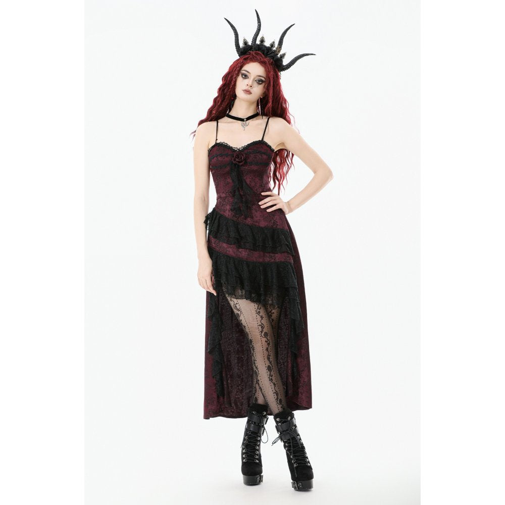 Dark in Love Belladonna Burgundy Brocade and Lace Alternative Prom Dress on a model