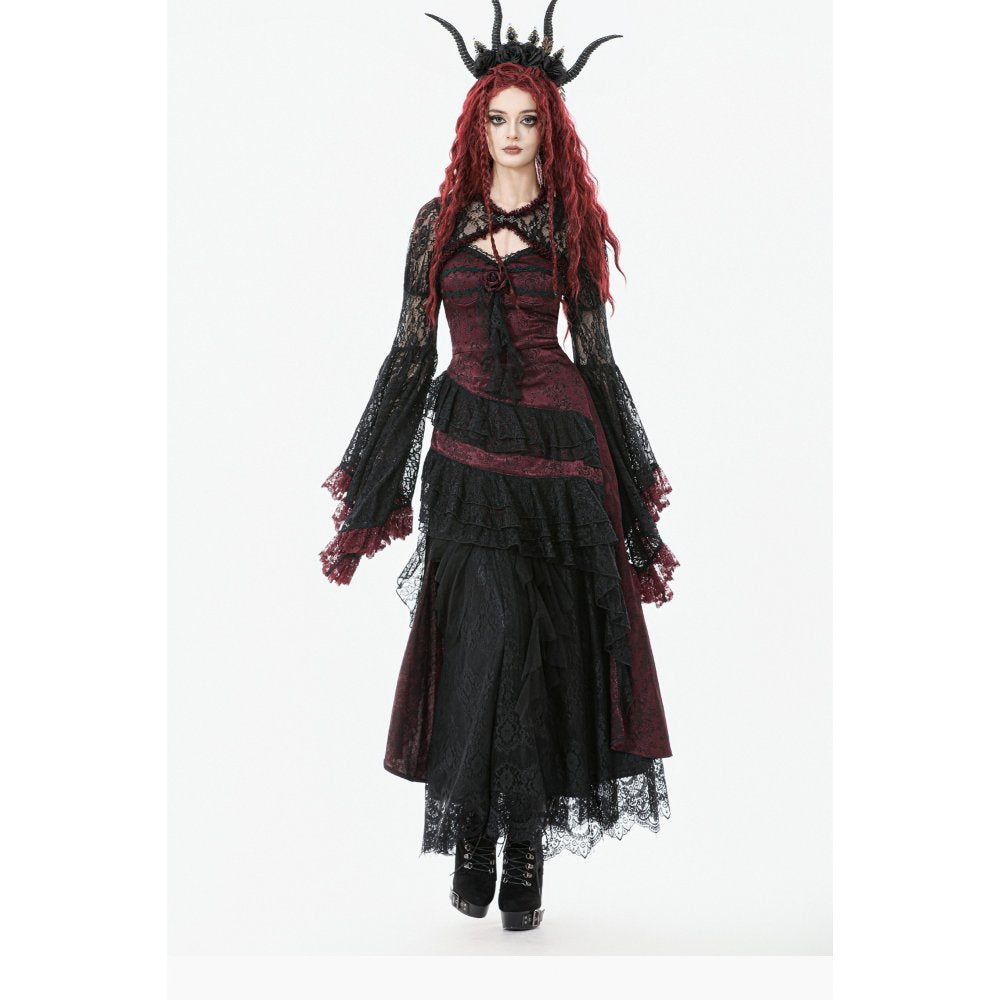 Dark in Love Belladonna Burgundy Brocade and Lace Prom Dress styled with Lacey underskirt and bolero