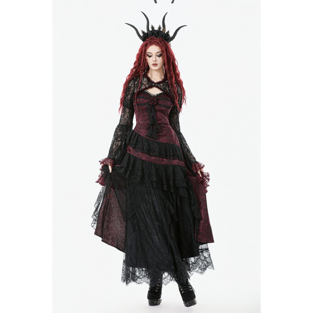 Dark in Love Belladonna Burgundy Brocade and Lace Prom Dress styled with Lacey underskirt and bolero with bell sleeves