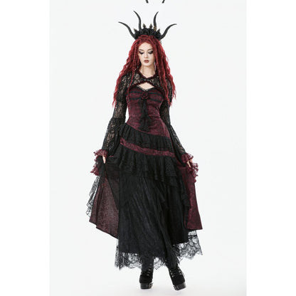 Dark in Love Belladonna Burgundy Brocade and Lace Prom Dress styled with Lacey underskirt and bolero with bell sleeves