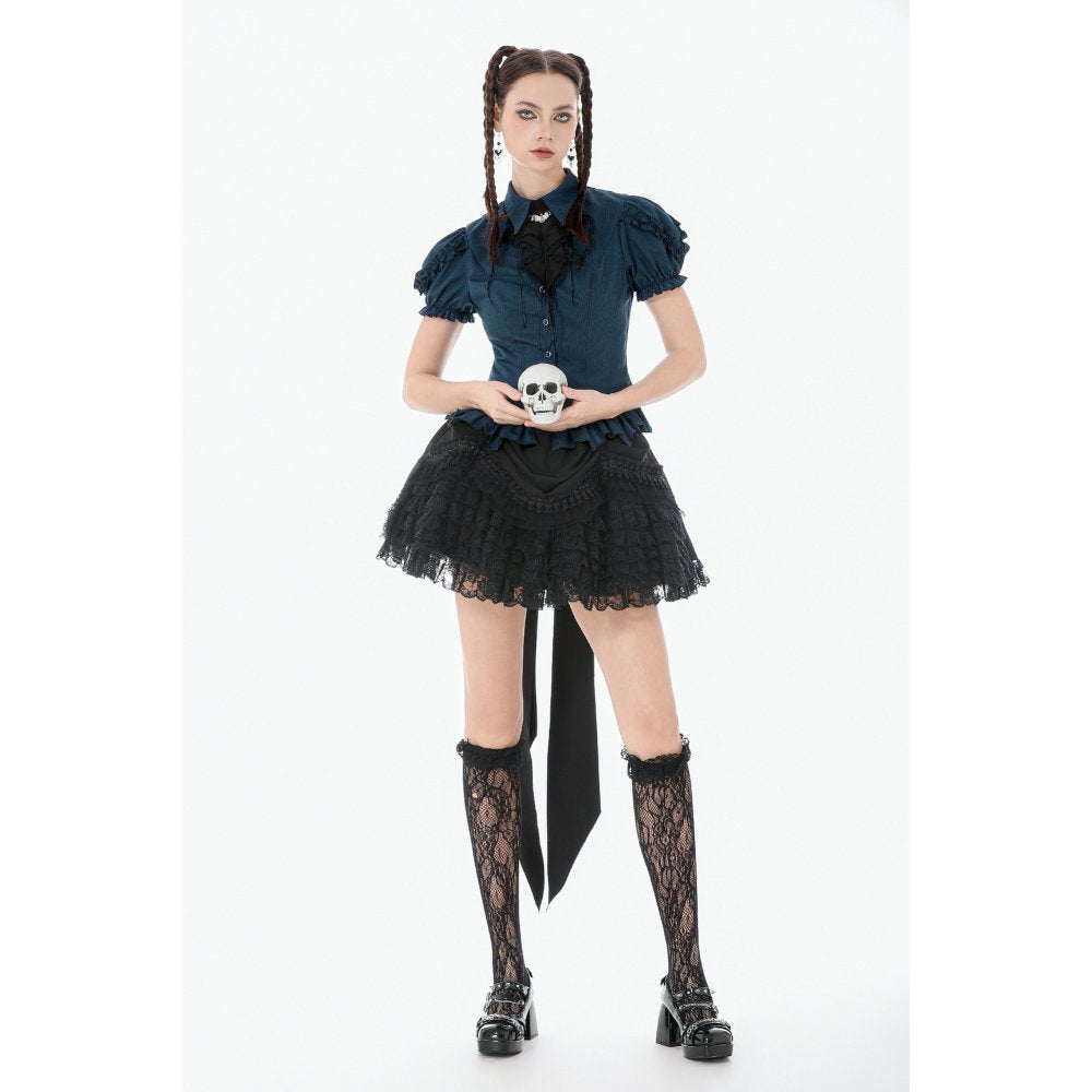 Dark in Love Dark Academia Striped Puff-Sleeve Blouse styled with mini skirt and lace socks