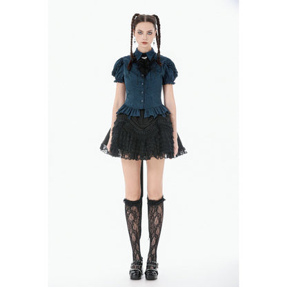 Dark in Love Dark Academia Striped Puff-Sleeve Blouse on a model