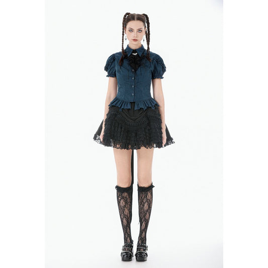 Dark in Love Dark Academia Striped Puff-Sleeve Blouse on a model