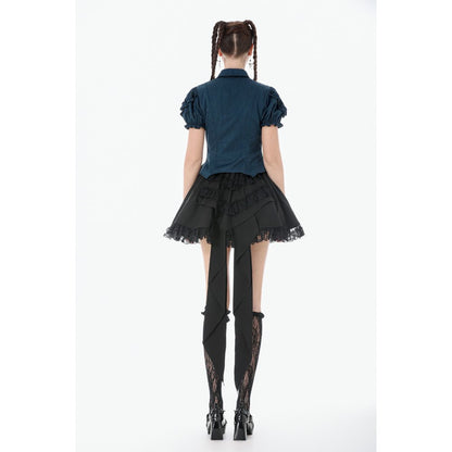 Dark in Love Dark Academia Striped Puff-Sleeve Blouse back view on a model