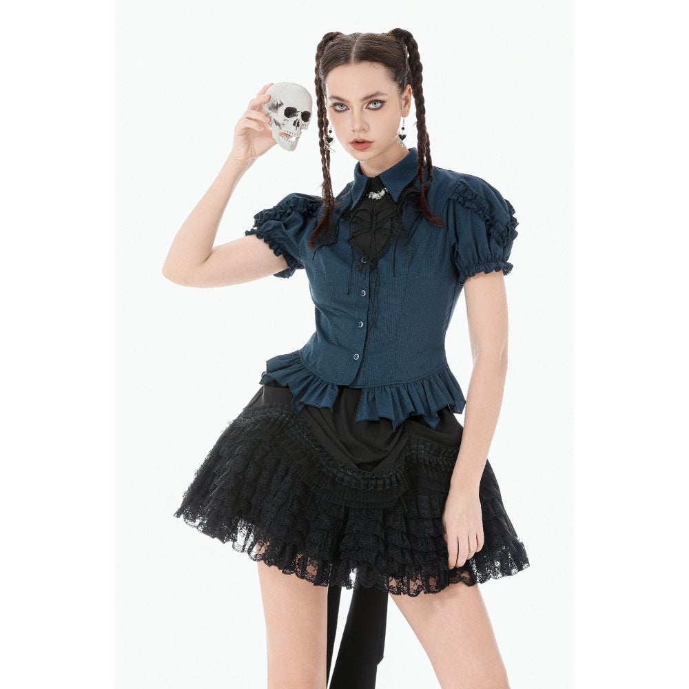 Dark in Love Dark Academia Striped Puff-Sleeve Blouse on a model holding a skull