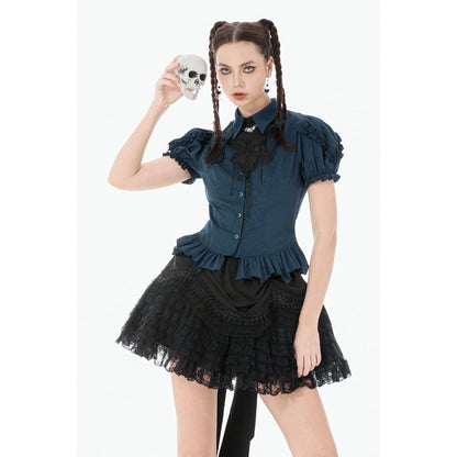 Dark in Love Dark Academia Striped Puff-Sleeve Blouse on a model holding a skull