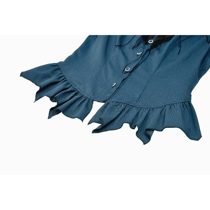 Dark in Love Dark Academia Striped Puff-Sleeve Blouse ruffled hem closeup