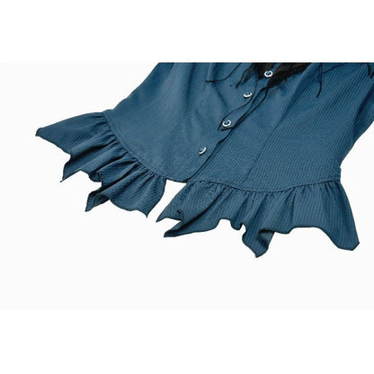 Dark in Love Dark Academia Striped Puff-Sleeve Blouse ruffled hem closeup