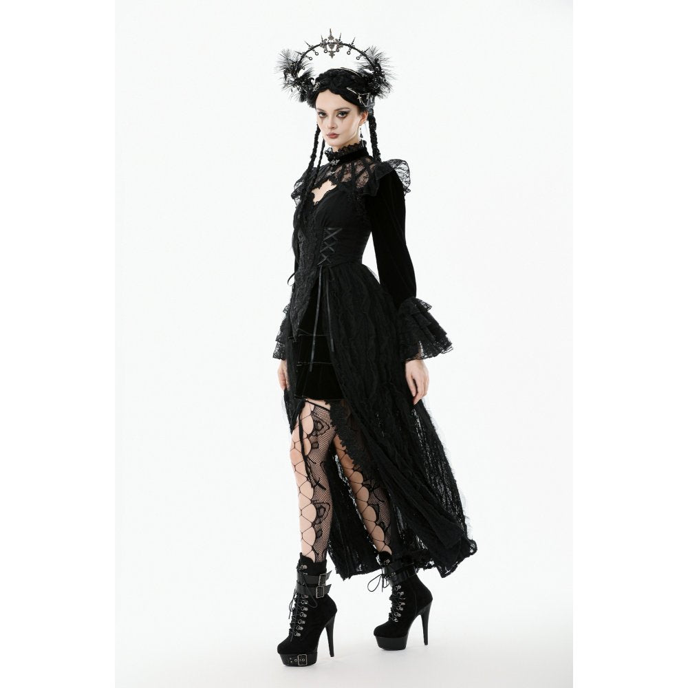 Dramatic Goth Velvet and Lace outfit on fashion model