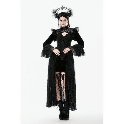 Person wearing a black gothic outfit with ruffled sleeves and a headpiece on a white background