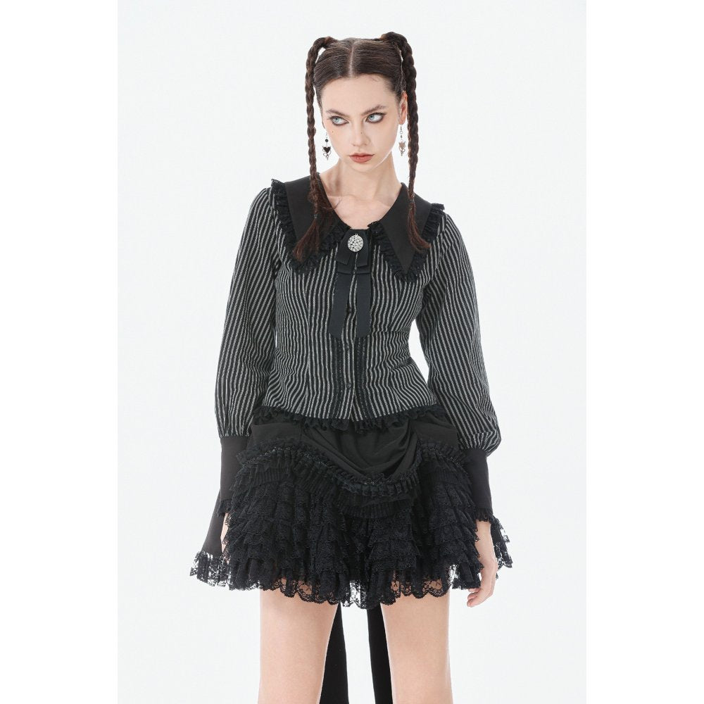 Dark in Love Gothic Peter Pan Collar Lace Shirt - Dark Academia Striped Cotton styled on model