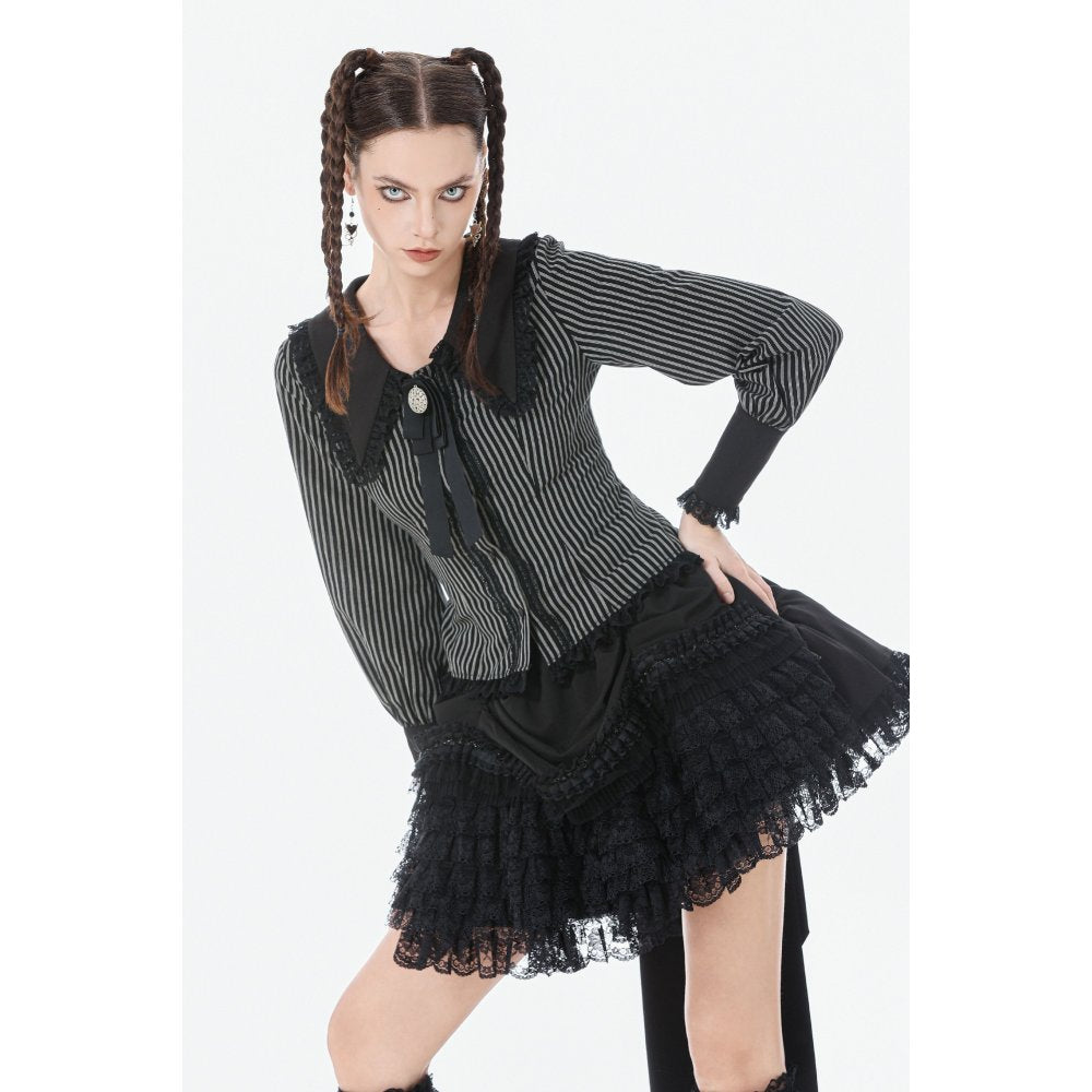 Dark in Love Gothic Peter Pan Collar Lace Shirt - Dark Academia Striped Cotton teamed with goth lace mini skirt