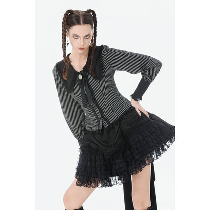 Dark in Love Gothic Peter Pan Collar Lace Shirt - Dark Academia Striped Cotton teamed with goth lace mini skirt