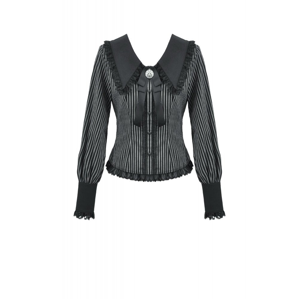 Black and white striped dark academia blouse with ruffled collar on a white background