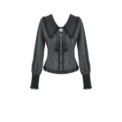 Black and white striped dark academia blouse with ruffled collar on a white background