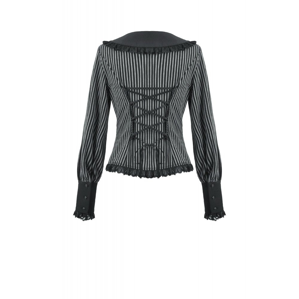 Dark in Love Gothic Peter Pan Collar Lace Shirt - Dark Academia Striped Cotton back view