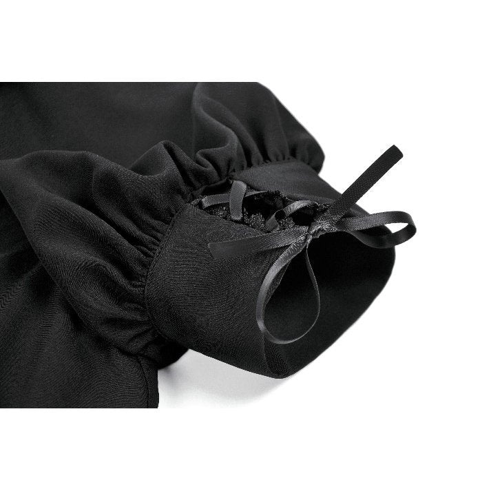 Dark in Love Gothic Lace Square-Neck Puff Sleeve Dress closeup of the cuff with satin ribbon detail