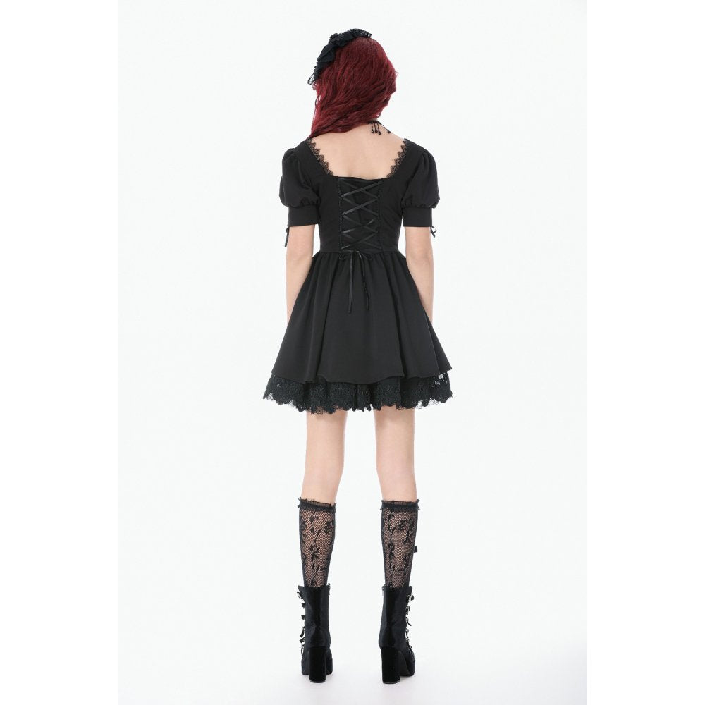 Dark in Love Gothic Lace Square-Neck Puff Sleeve Dress back view