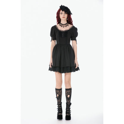 Dark in Love Gothic Lace Square-Neck Puff Sleeve Dress styled on a model