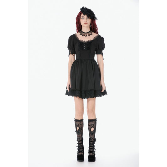 Dark in Love Gothic Lace Square-Neck Puff Sleeve Dress styled on a model