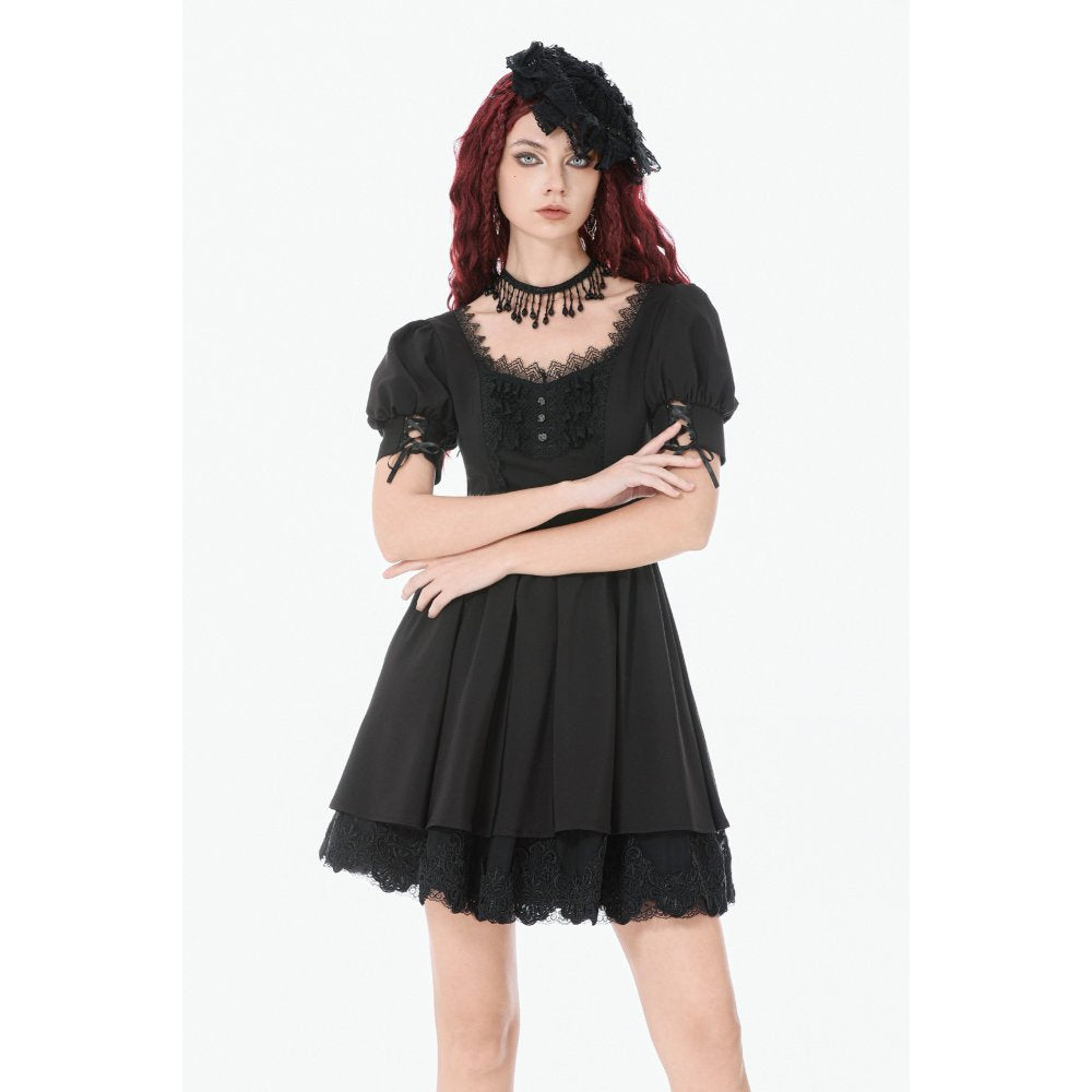 Dark in Love Gothic Lace Square-Neck Puff Sleeve Dress front view closeup