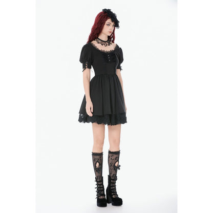 Dark in Love Gothic Lace Square-Neck Puff Sleeve Dress with lace trim