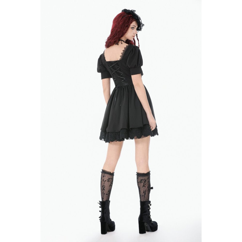 Dark in Love Gothic Lace Square-Neck Puff Sleeve Dress back view