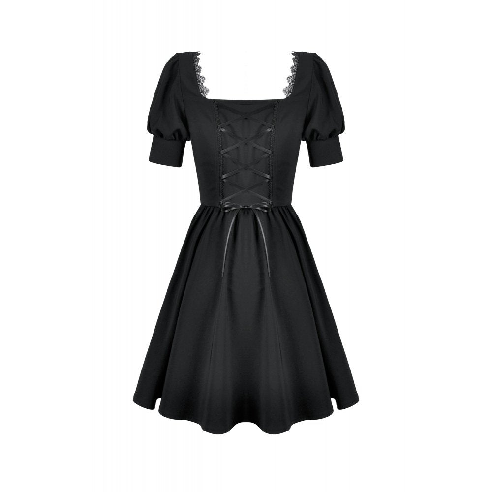 Dark in Love Gothic Lace Square-Neck Puff Sleeve Dress back view of the ribbon lace up back