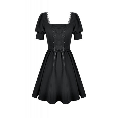 Dark in Love Gothic Lace Square-Neck Puff Sleeve Dress back view of the ribbon lace up back