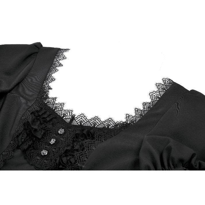 Dark in Love Gothic Lace Square-Neck Puff Sleeve Dress closeup of the collar with lace trim
