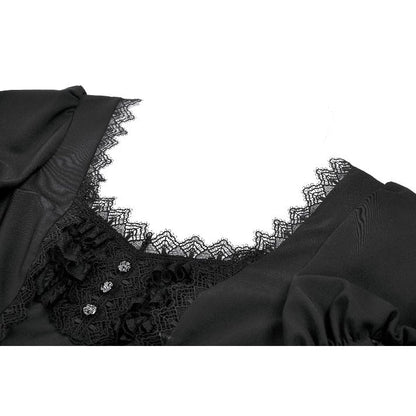 Dark in Love Gothic Lace Square-Neck Puff Sleeve Dress closeup of the collar with lace trim