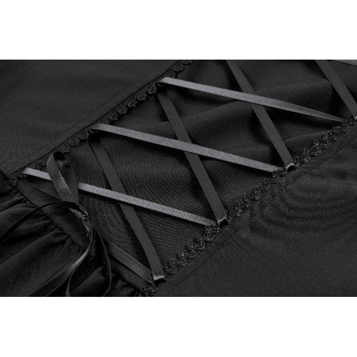 Dark in Love Gothic Lace Square-Neck Puff Sleeve Dress closeup of the satin ribbon lace up back