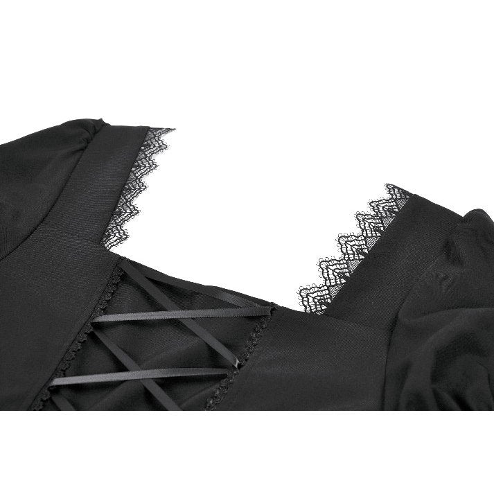 Dark in Love Gothic Lace Square-Neck Puff Sleeve Dress closeup of the back collar
