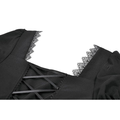 Dark in Love Gothic Lace Square-Neck Puff Sleeve Dress closeup of the back collar