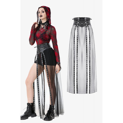 Dark in Love Gothic Sheer Mesh Maxi Skirt with PU Waist Corset