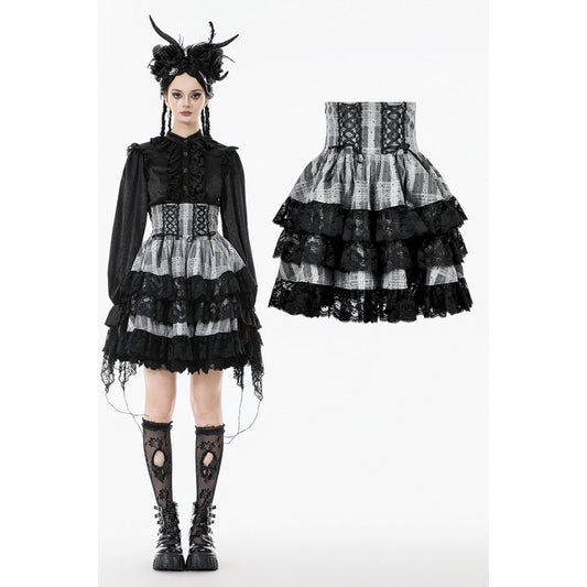 Gothic Lolita outfit with black and white dress, boots, and headpiece on a white background.
