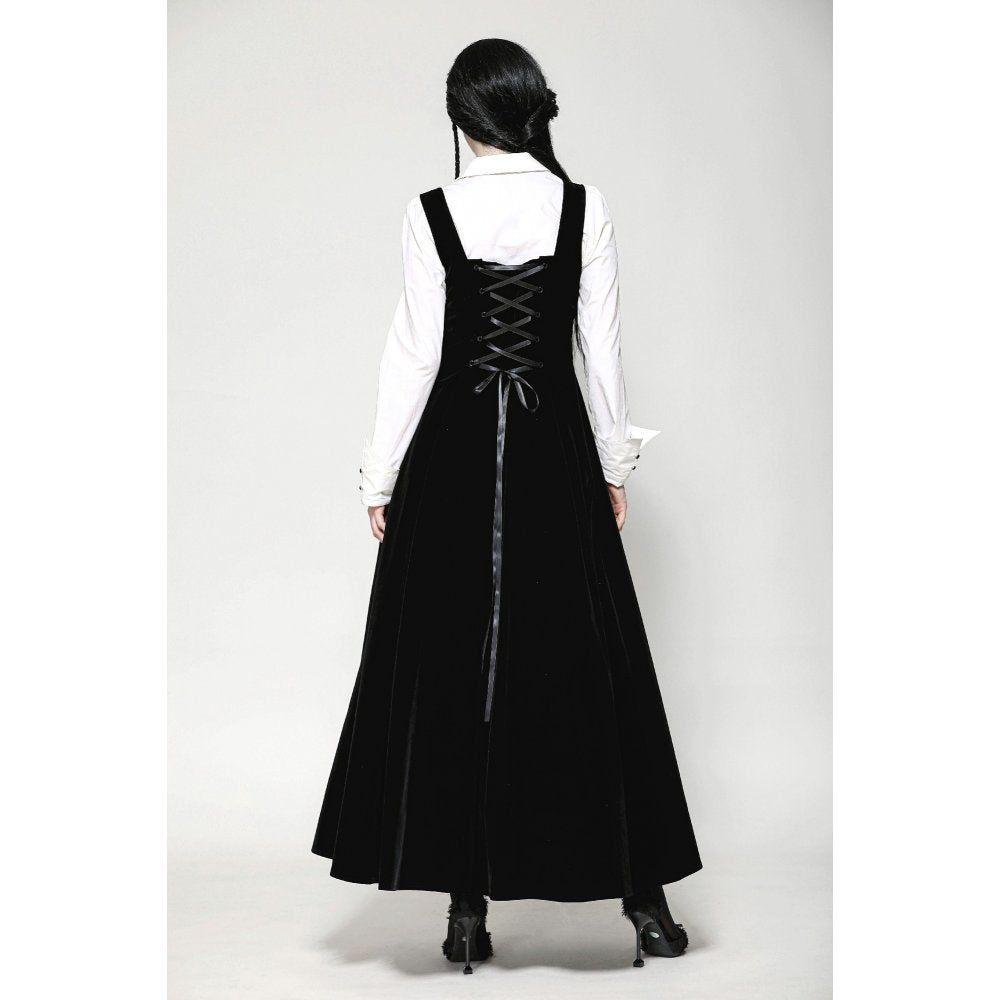 Dark in Love Lux Black Velvet Horn Embroidery Maxi Dress back view on a model