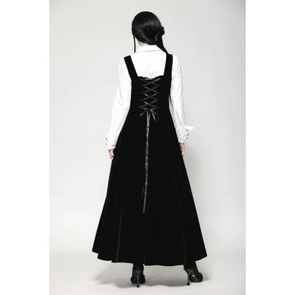 Dark in Love Lux Black Velvet Horn Embroidery Maxi Dress back view on a model